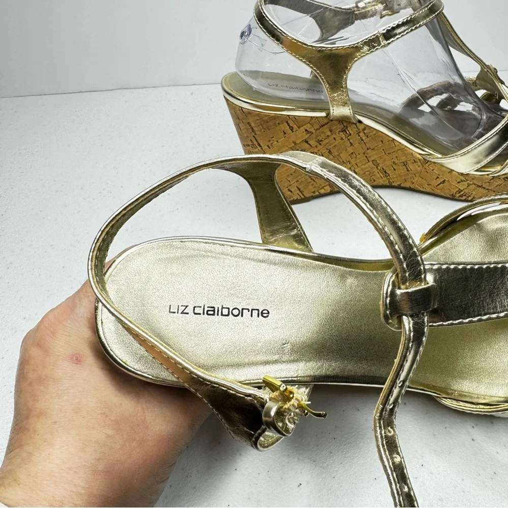 Liz Claiborne Kattie Metallic Gold Platform Cork Wedge Sandals Gold Medallion 9M